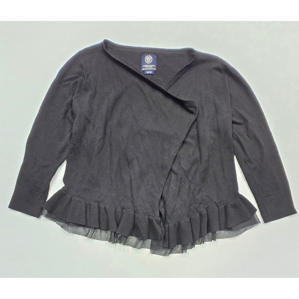 American‎ Eagle Outfitters Black Ruffle Hem Cardigan Sweater Medium M